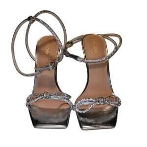 Aldo, Barrona, silver rhinestone strappy 4” heels Dressy, Formal, Bow size 9